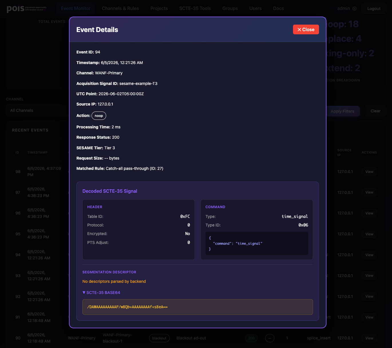 rust-pois Event Details modal for one signal: event ID, timestamp, channel, acquisition signal ID, action, processing time, response status, SESAME tier, and matched rule, plus a decoded SCTE-35 panel showing header, command, segmentation descriptor, and base64.